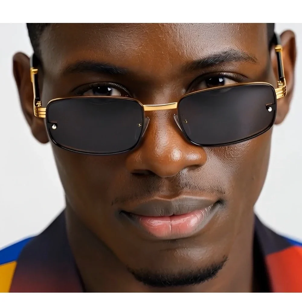 Rimless Rectangle Sunglasses Gold Frame Wood Arms Vintage Style‎ Fashion Lentes